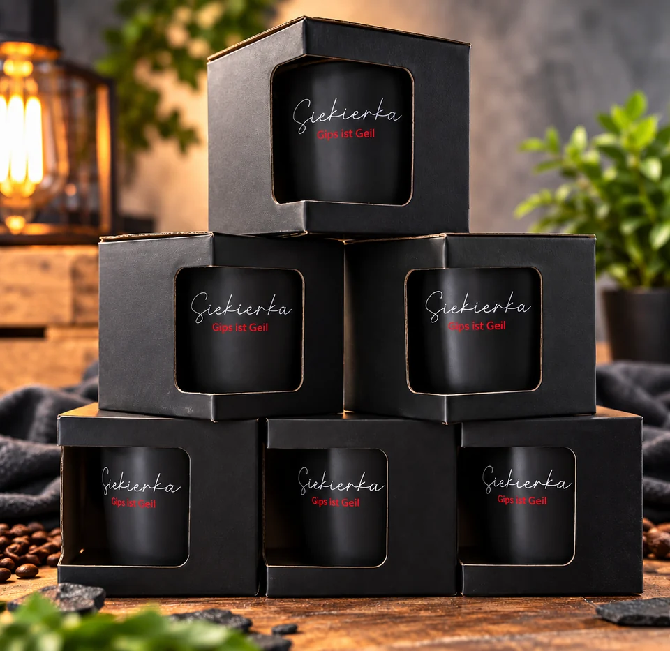 Bedruckte Tassen · Firmenmotiv in Geschenkverpackung